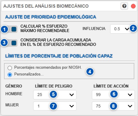 Cuadro de ajustes del análisis biomecánico