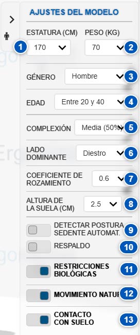 Panel de ajustes de los parámetros del modelo