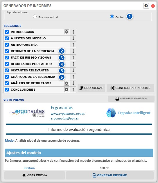 Informe global de una secuencia de posturas