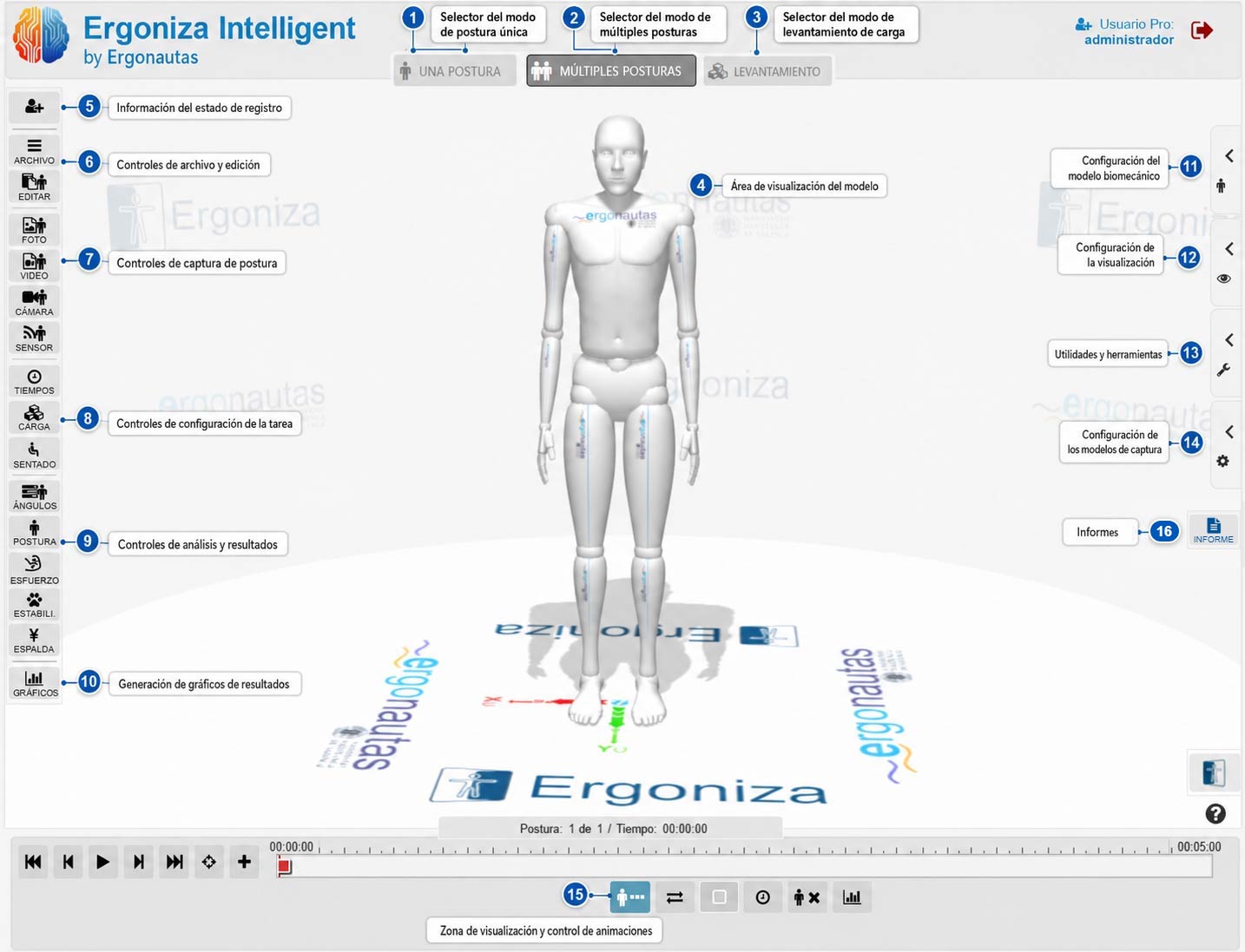 Zonas principales de la interfaz de Ergoniza Intelligent