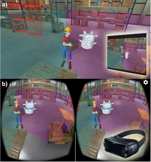 Medios utilizados para impartir la capacitación: (a) Presentación de video simple que se muestra en una pantalla de proyección; (b) Entorno interactivo en 3D que se ejecuta en un smartphone VR.