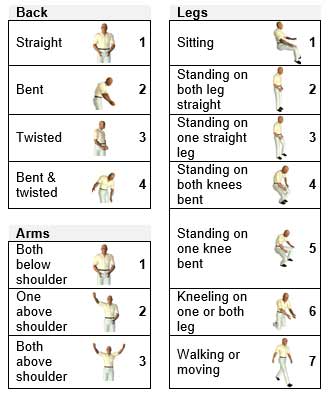 Definition of codes for back, arms and legs in the OWAS method.