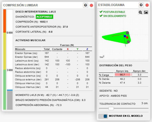 Resultados de esfuerzo biomecánico en Ergoniza Intelligent